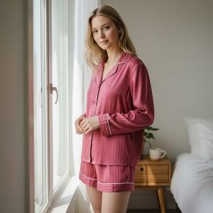 Auden 2pc Pink Striped Satin Pajama Set Long Sleeve Top & Shorts XL